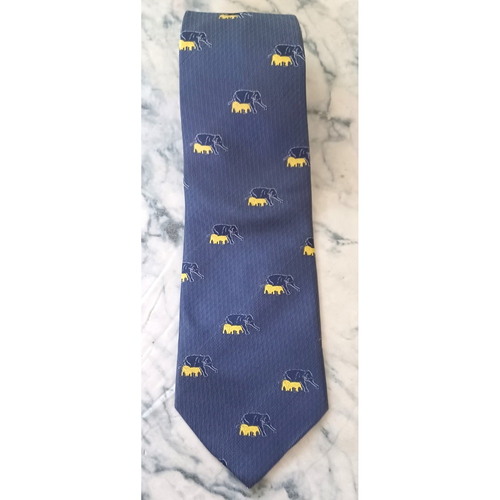 Sam Well Silk Tie Mens OS Navy Blue Elephant Print Hand Made Ribbed Thailand